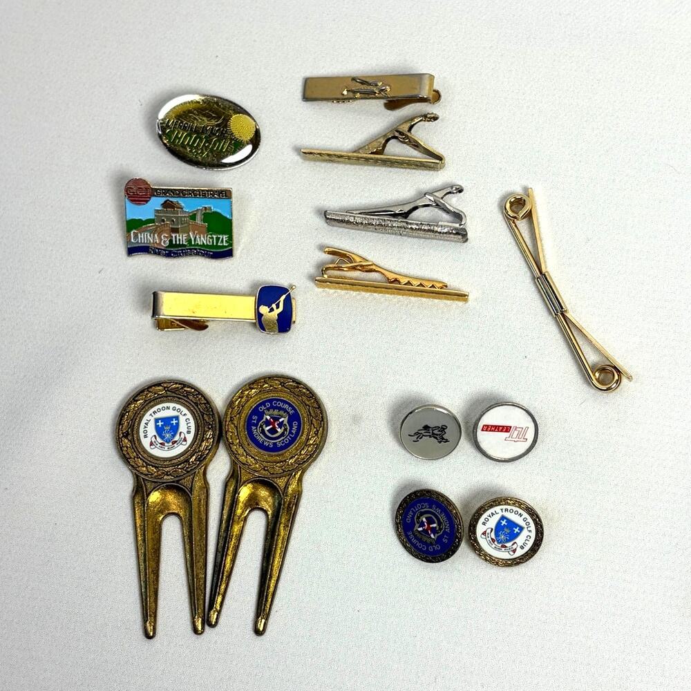 Men's Jewelry and Golf Lot Tie Clips Divot Tool St Andrews Swank Pins 80s 90s